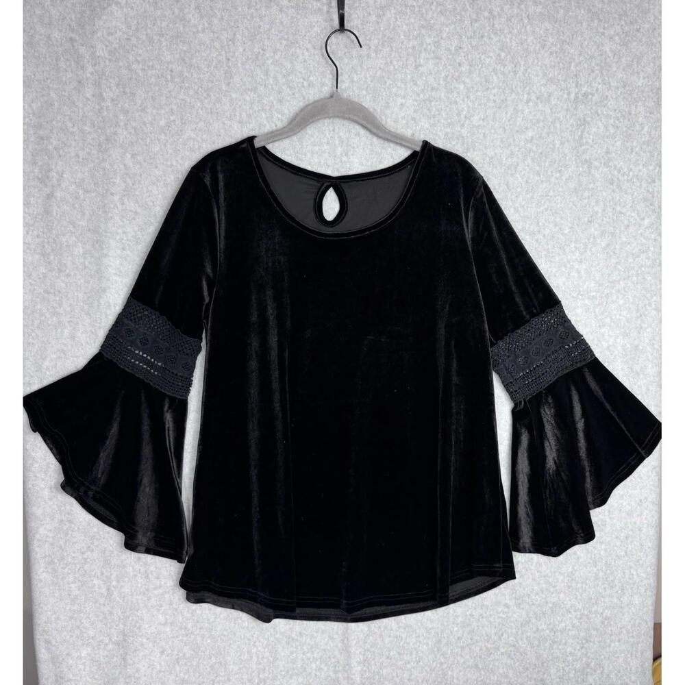 Women's Black Velvet Whimsigoth Bell Sleeve Romance Goth Vamp Med Top